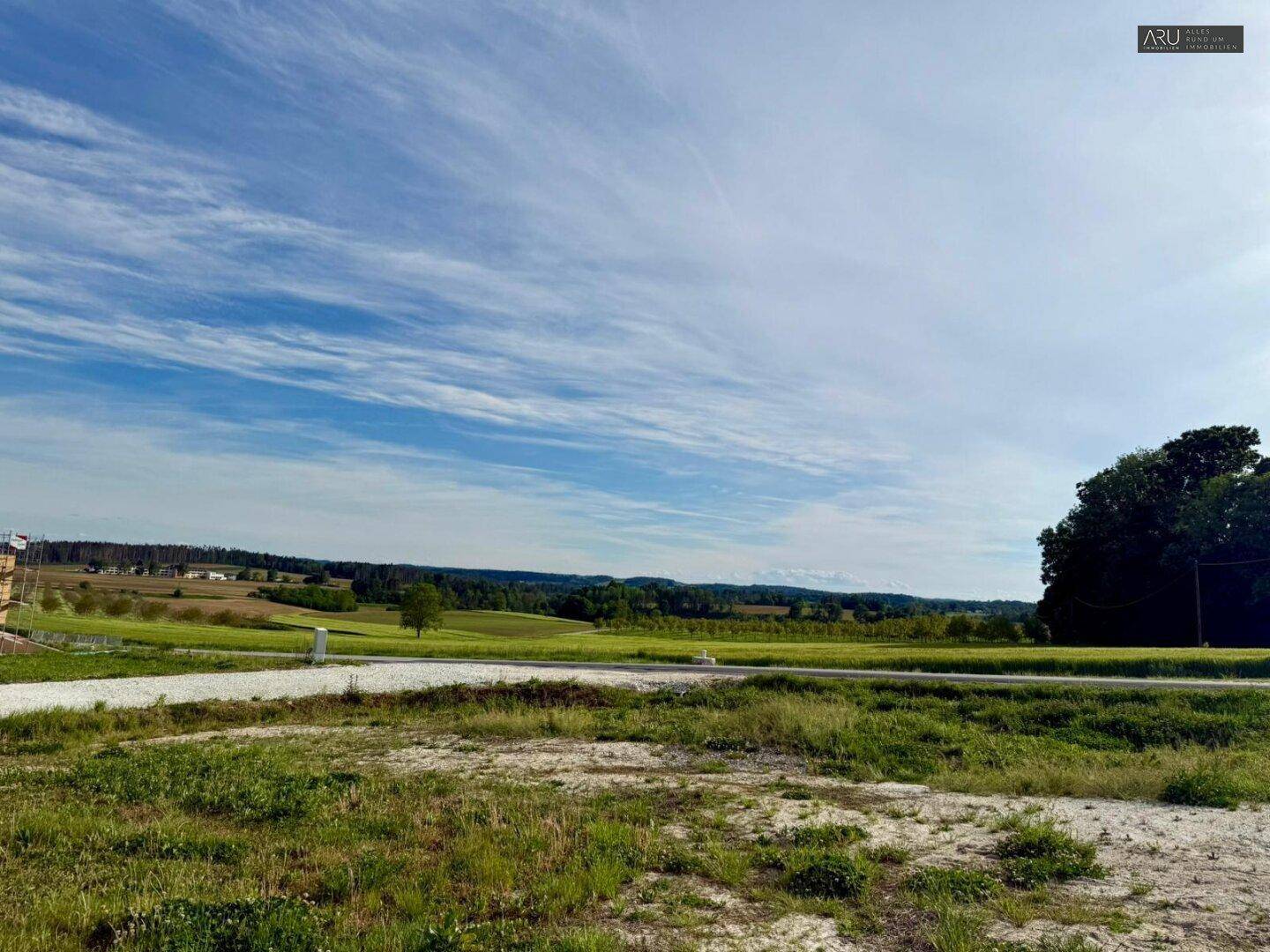 Unbebautes Grundstück mit trockener Vegetation, umgeben von grünen Feldern und ländlicher Landschaft.