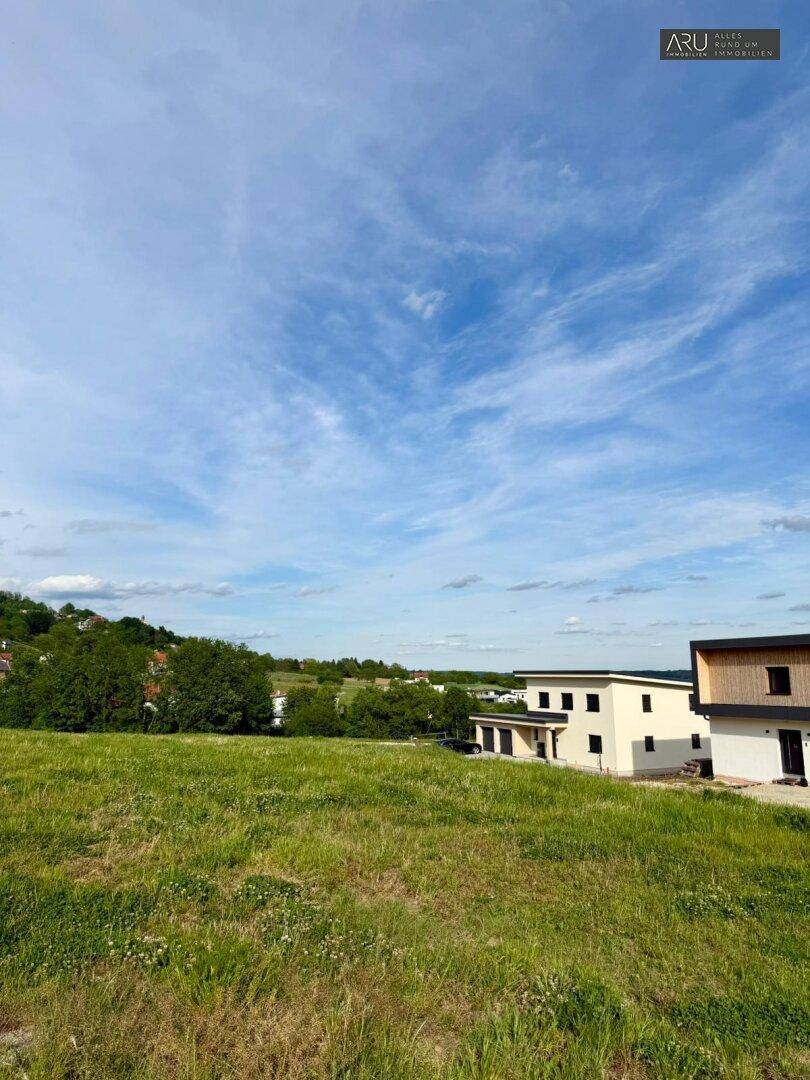 Blick über grüne Wiesen auf moderne Häuser in einer ländlichen Umgebung unter blauem Himmel.