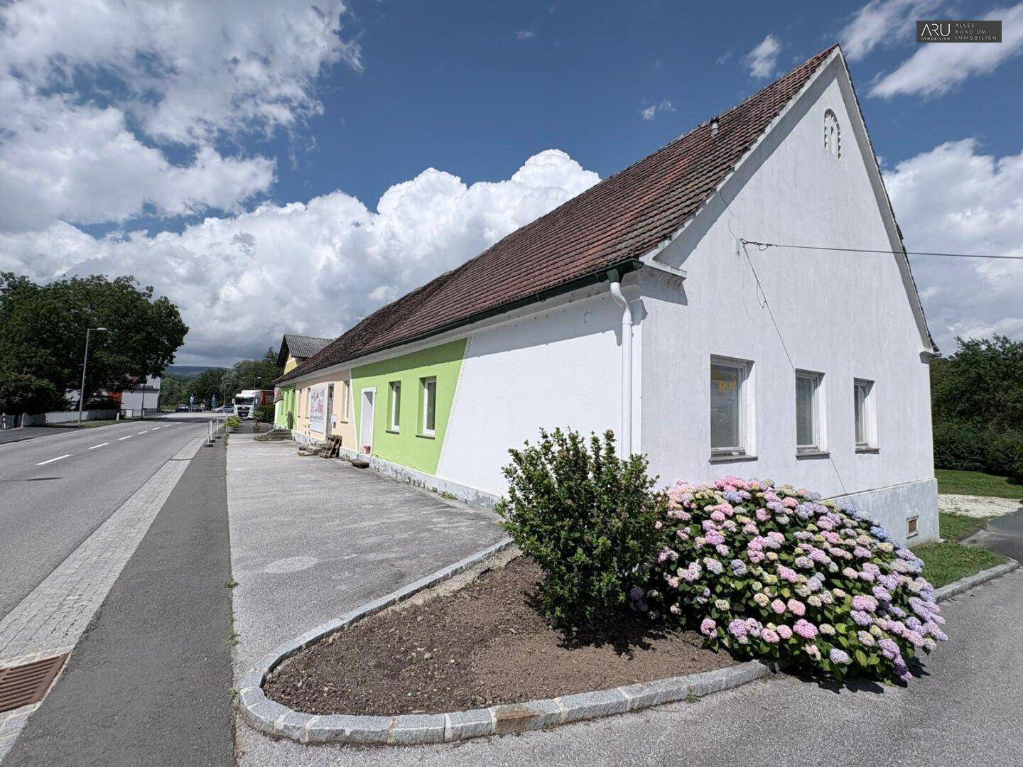 Langes Gebäude mit weißer und grüner Fassade entlang einer Straße, mit blühenden Hortensien.