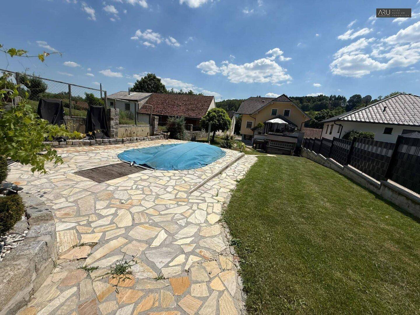 Großer Gartenbereich mit einem abgedeckten Pool und gepflegter Rasenfläche unter blauem Himmel.