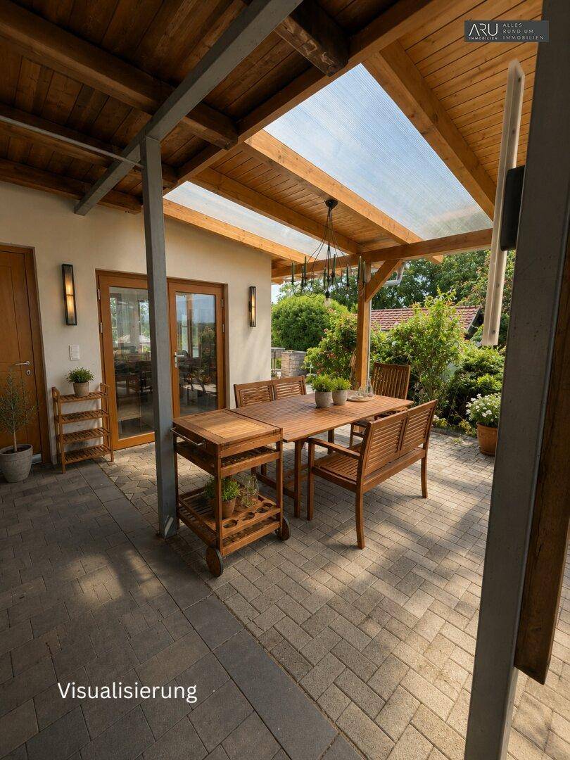Visualisierte überdachte Terrasse mit Holzdach und modernem Essbereich im Freien.