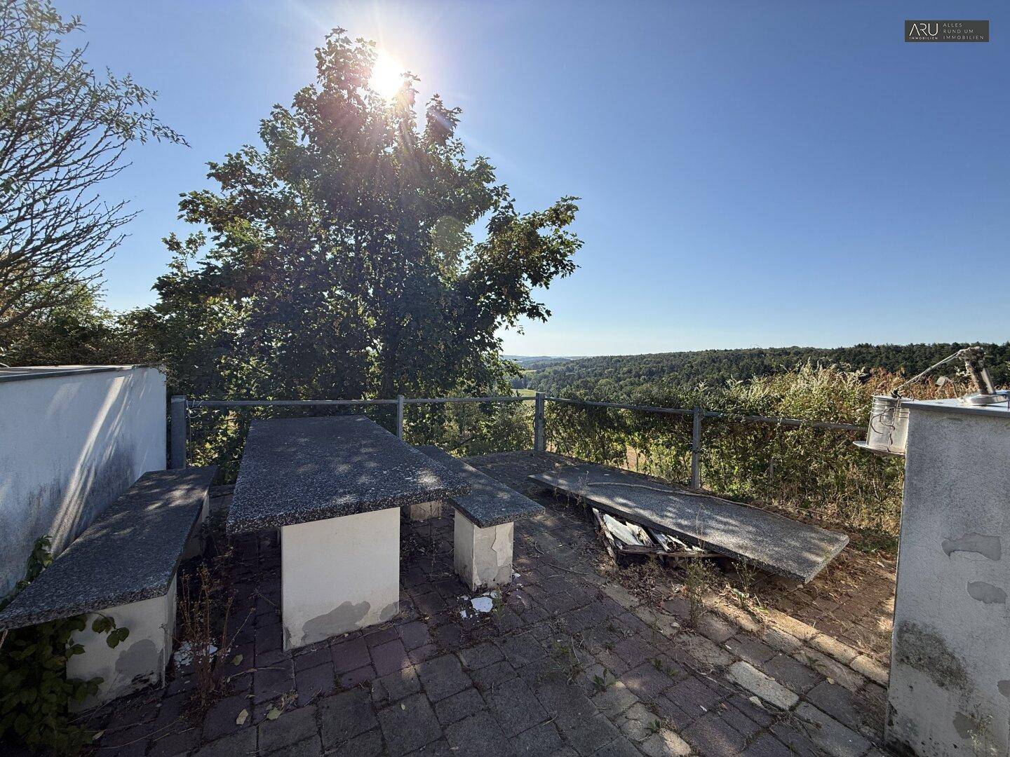 Bestehende Terrasse mit Steintisch und Bänken, bietet einen weiten Blick ins Grüne.