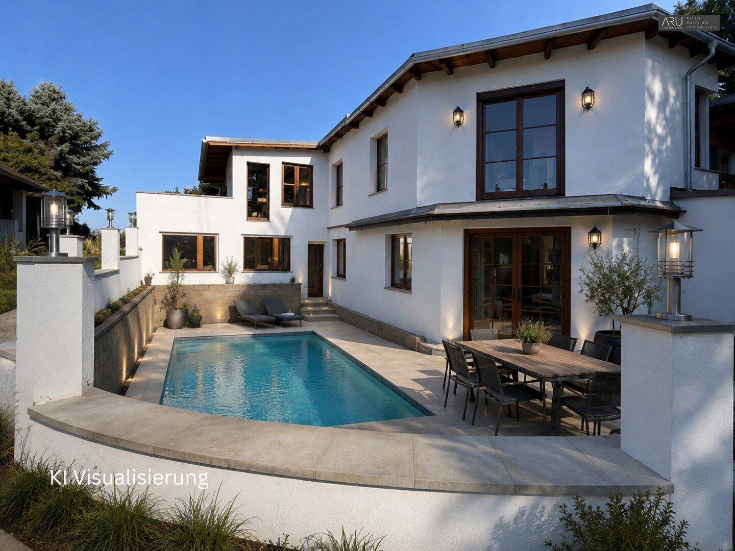 Visualisierung eines modernen Hauses mit Pool und möblierter Terrasse im Außenbereich.