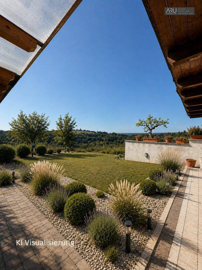 Visualisierter, gepflegter Garten mit Rasenfläche, Zierpflanzen und weitem Ausblick.