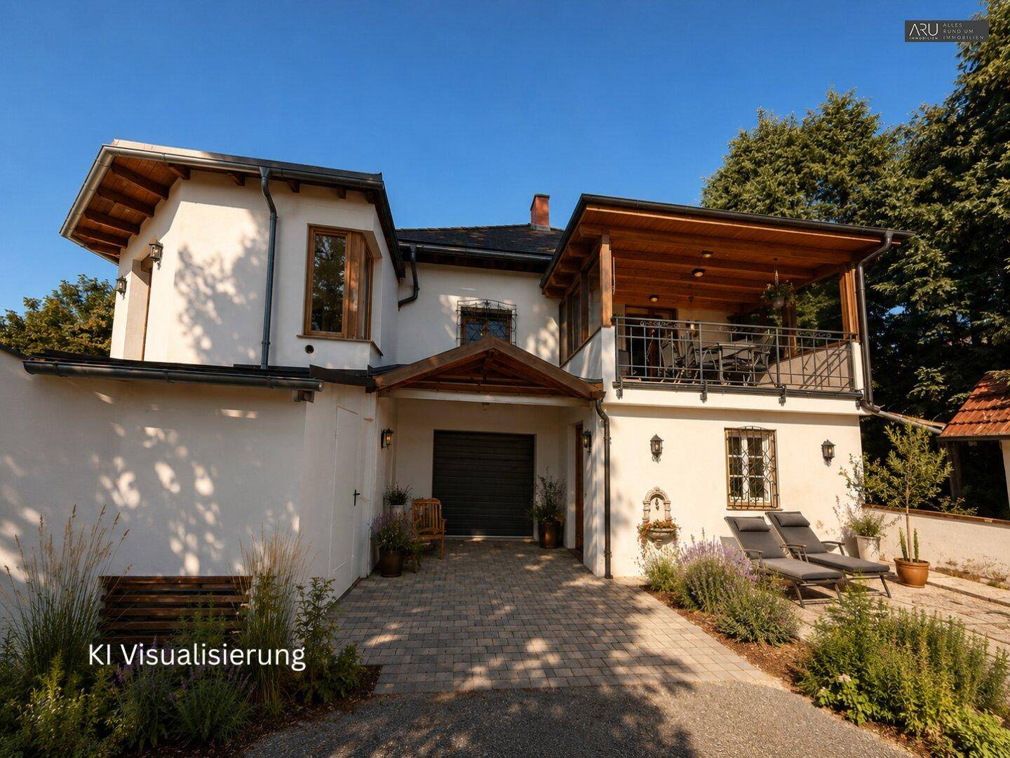 Visualisierung der Hausfassade mit überdachtem Eingang, Garage und möbliertem Holzbalkon.