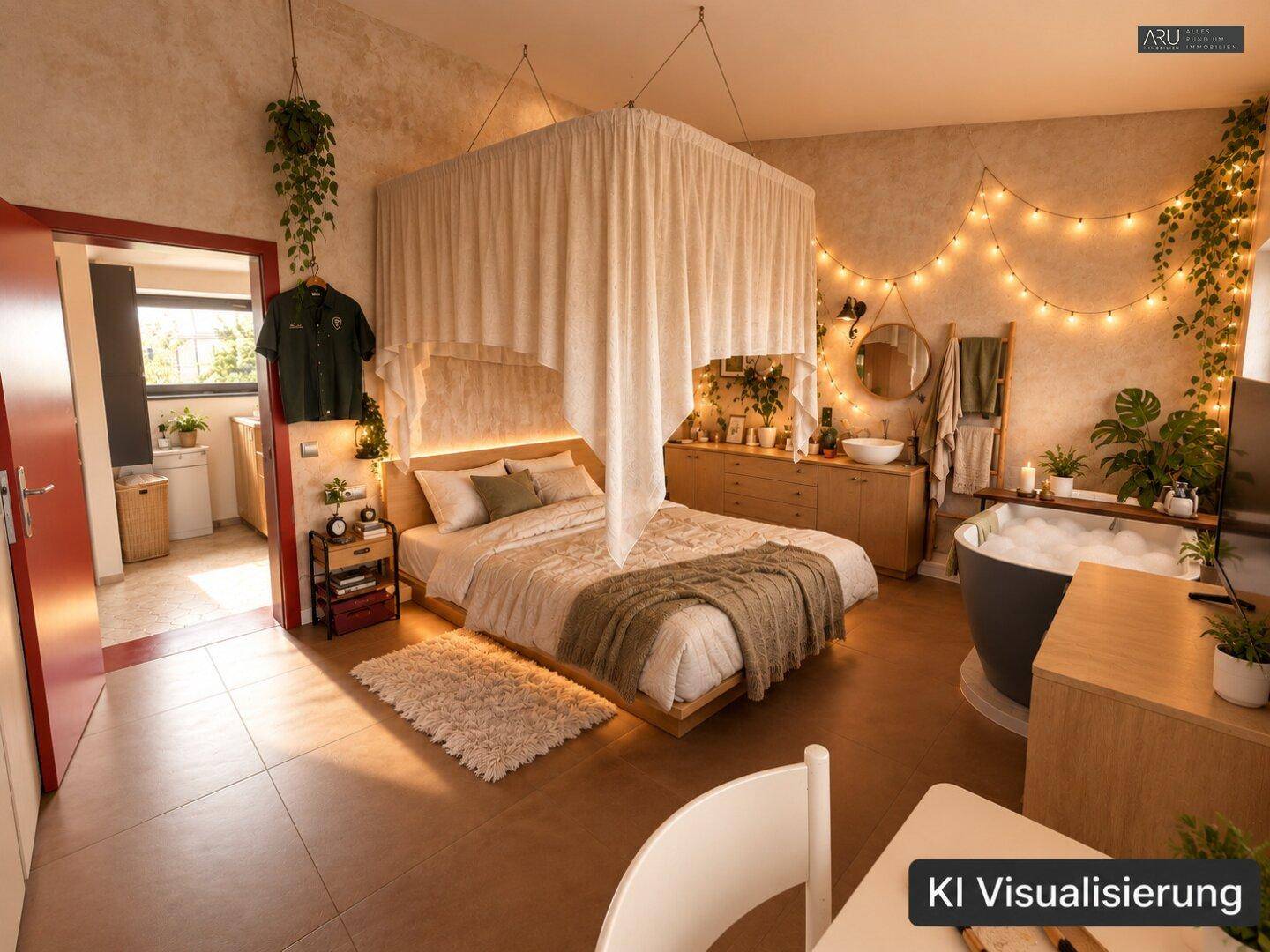 Gemütliches Schlafzimmer mit Himmelbett, freistehender Badewanne und dekorativer Lichterkette.