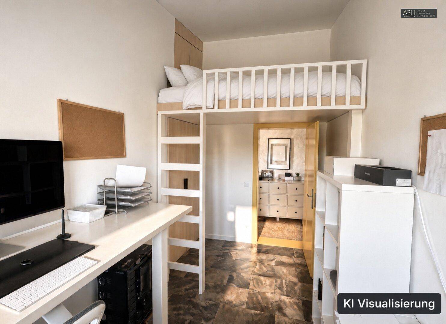Kleines Zimmer mit Hochbett, Schreibtisch und Stauraum, ideal für Kinder oder Gäste.