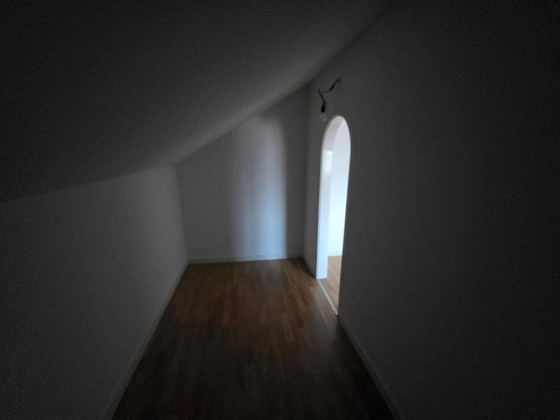 Dunkler Dachbodenraum mit schrägen Wänden und Holzboden, bereit zum Ausbau.