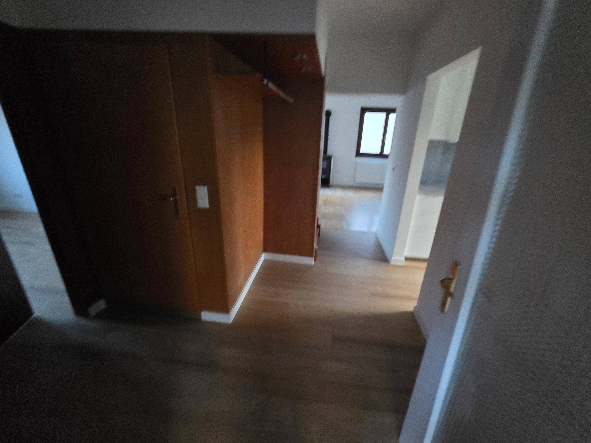Heller Flur mit Laminatboden und Einbauschrank, der zu weiteren Räumen führt.