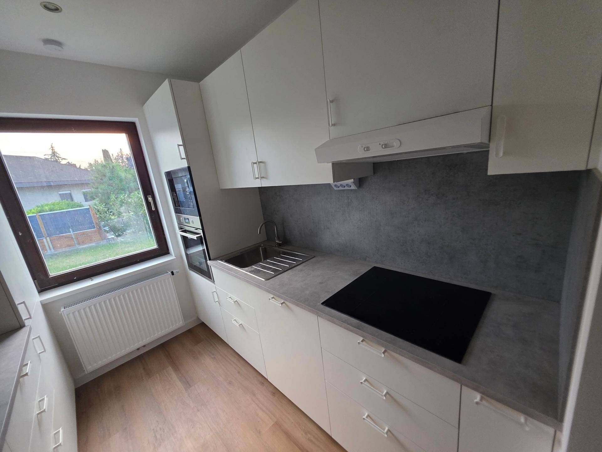 Funktionale Küche mit Induktionskochfeld, Spüle und weißen Schränken, Blick nach draußen.
