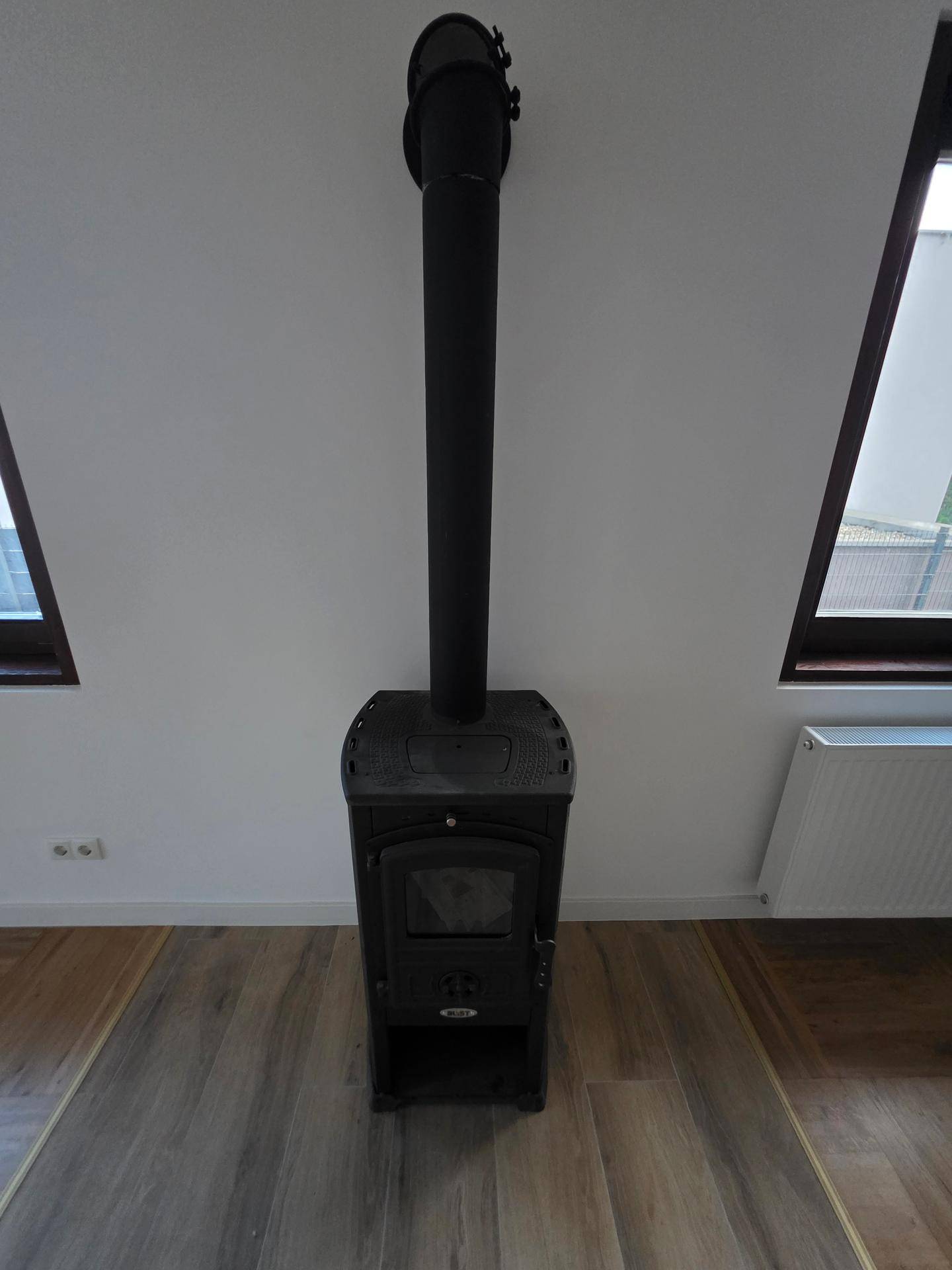 Gemütlicher Raum mit Holzofen, Laminatboden und Dachfenstern für natürliches Licht.