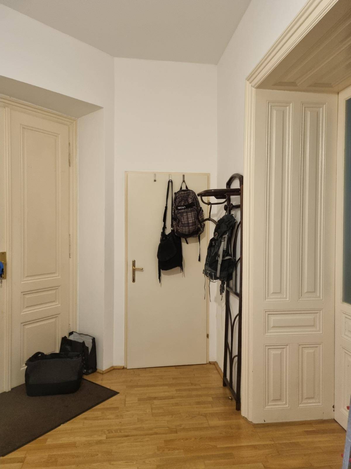 Heller Flur mit Holzboden, Garderobe und zwei Türen.
