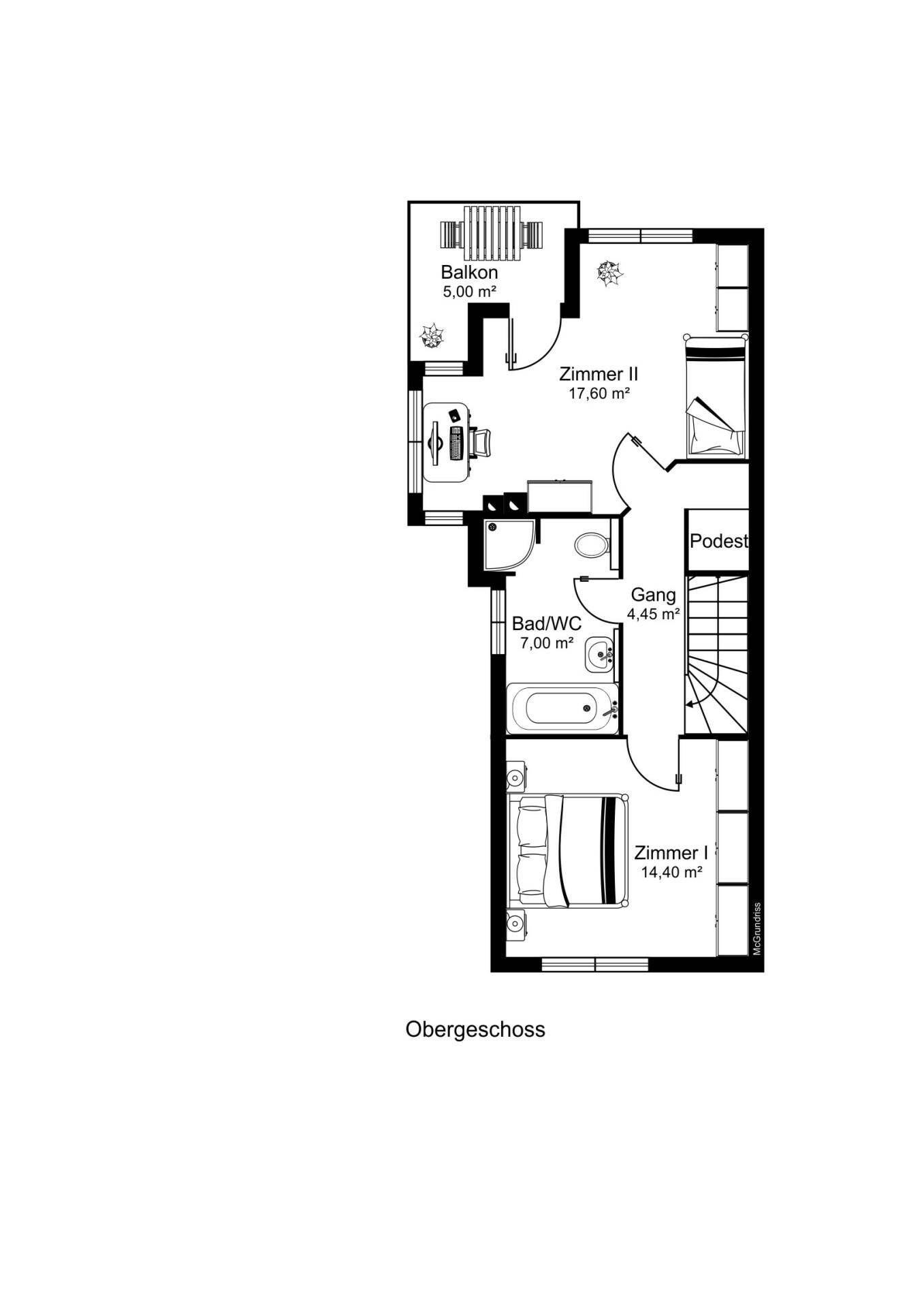 Grundriss des Obergeschosses mit zwei Schlafzimmern, Badezimmer und einem Balkon.