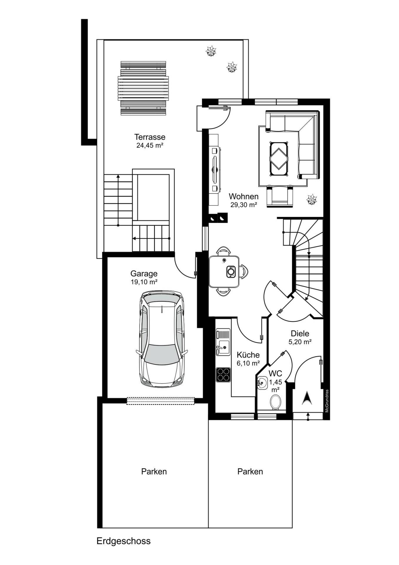 Grundriss des Erdgeschosses mit Wohnbereich, Küche, WC, Garage und großer Terrasse.