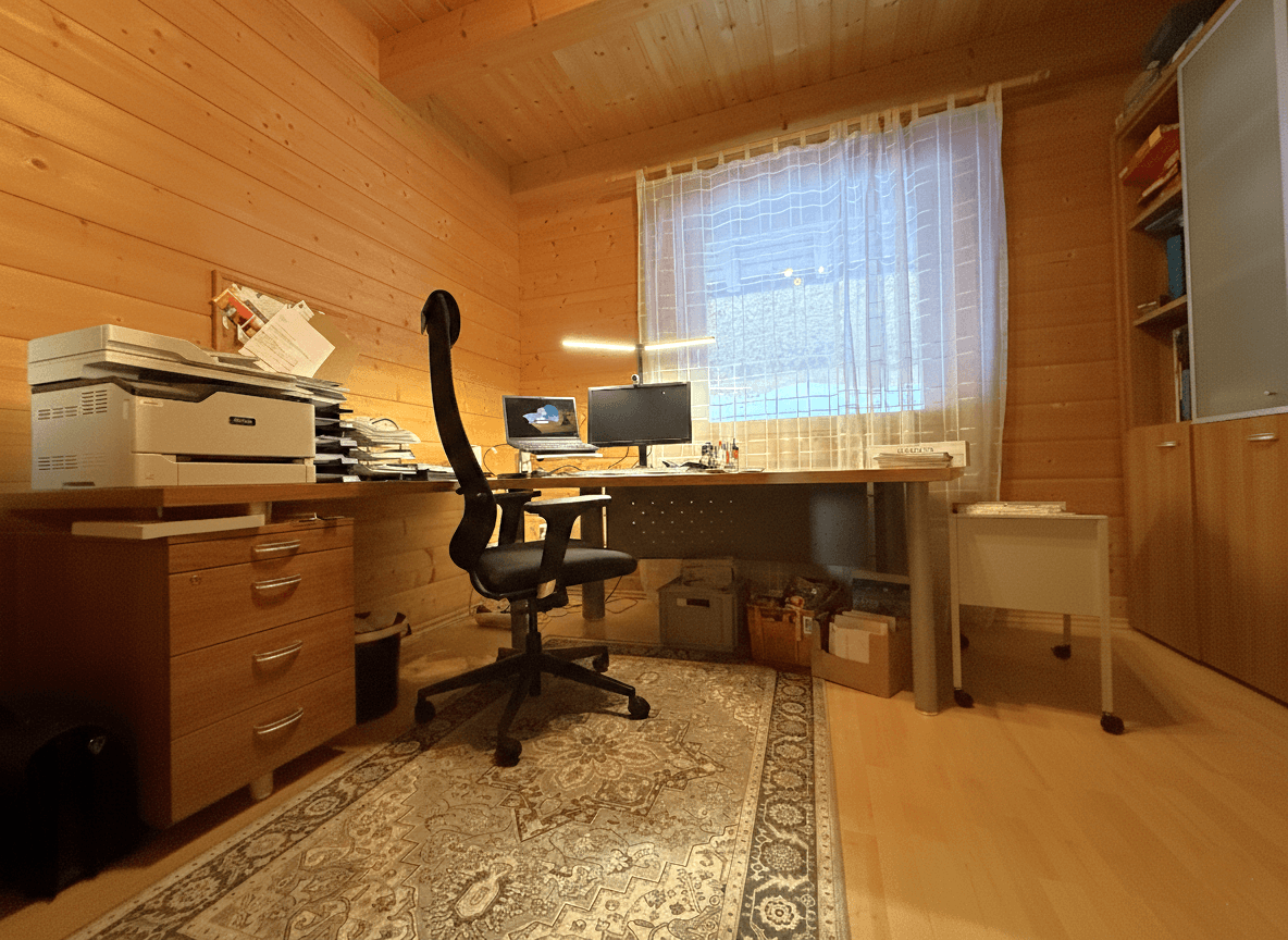 Gemütliches Arbeitszimmer mit Holzwänden, Teppichboden und einem großen Schreibtisch.