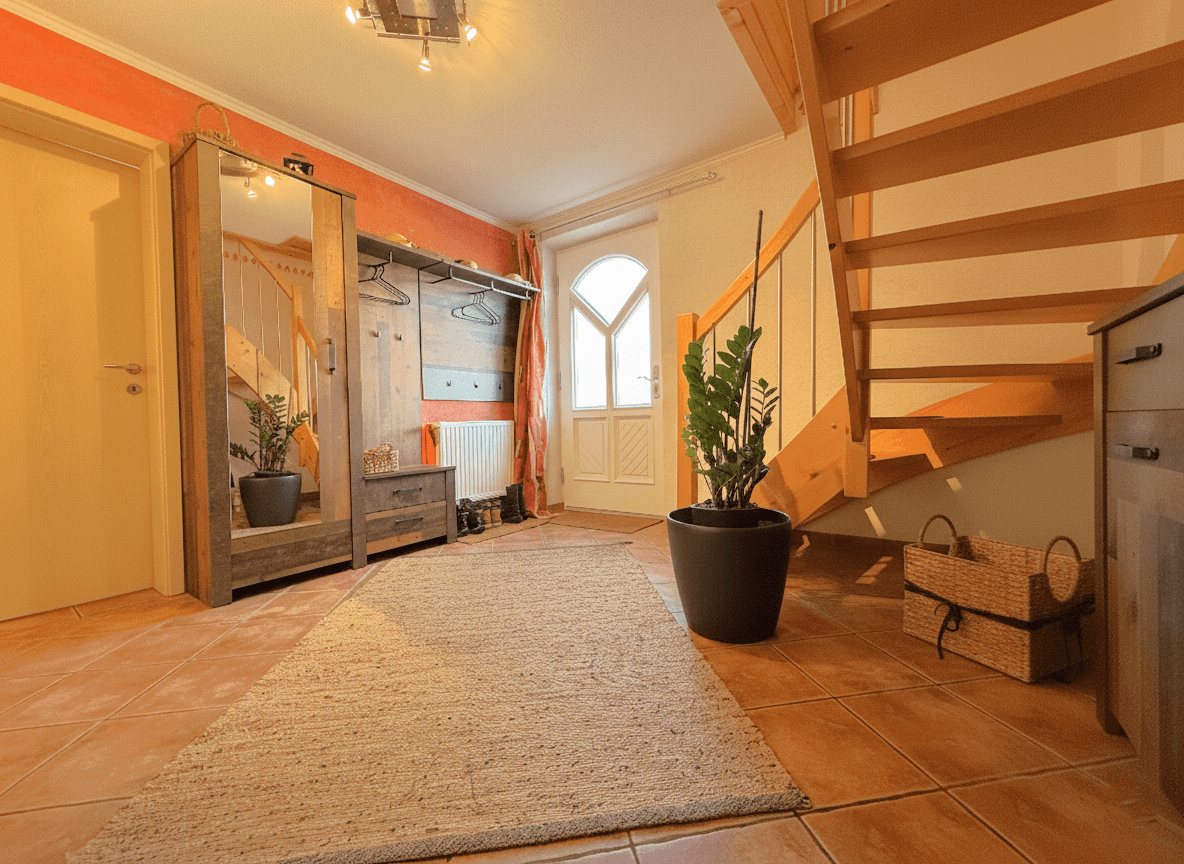 Geräumiger Eingangsbereich mit Terrakottafliesen, Garderobe und Holztreppe zum Obergeschoss.
