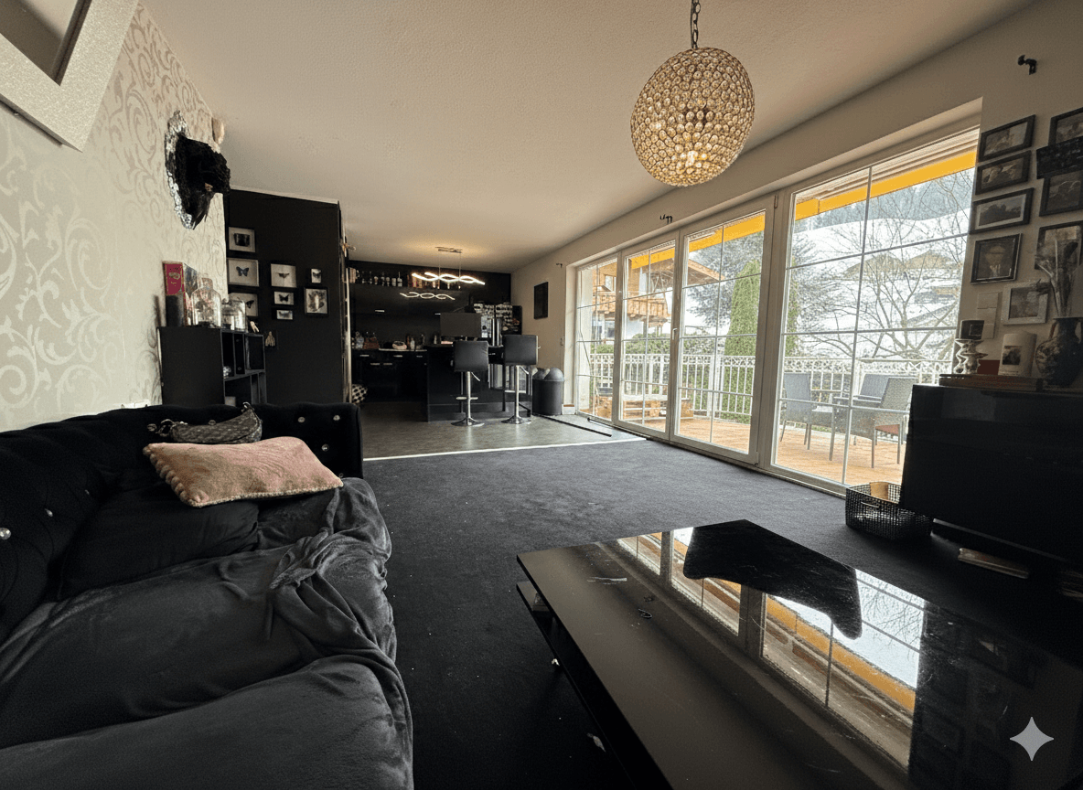 Moderner Wohnbereich mit dunklem Teppichboden, großen Fenstern und offener Bar.