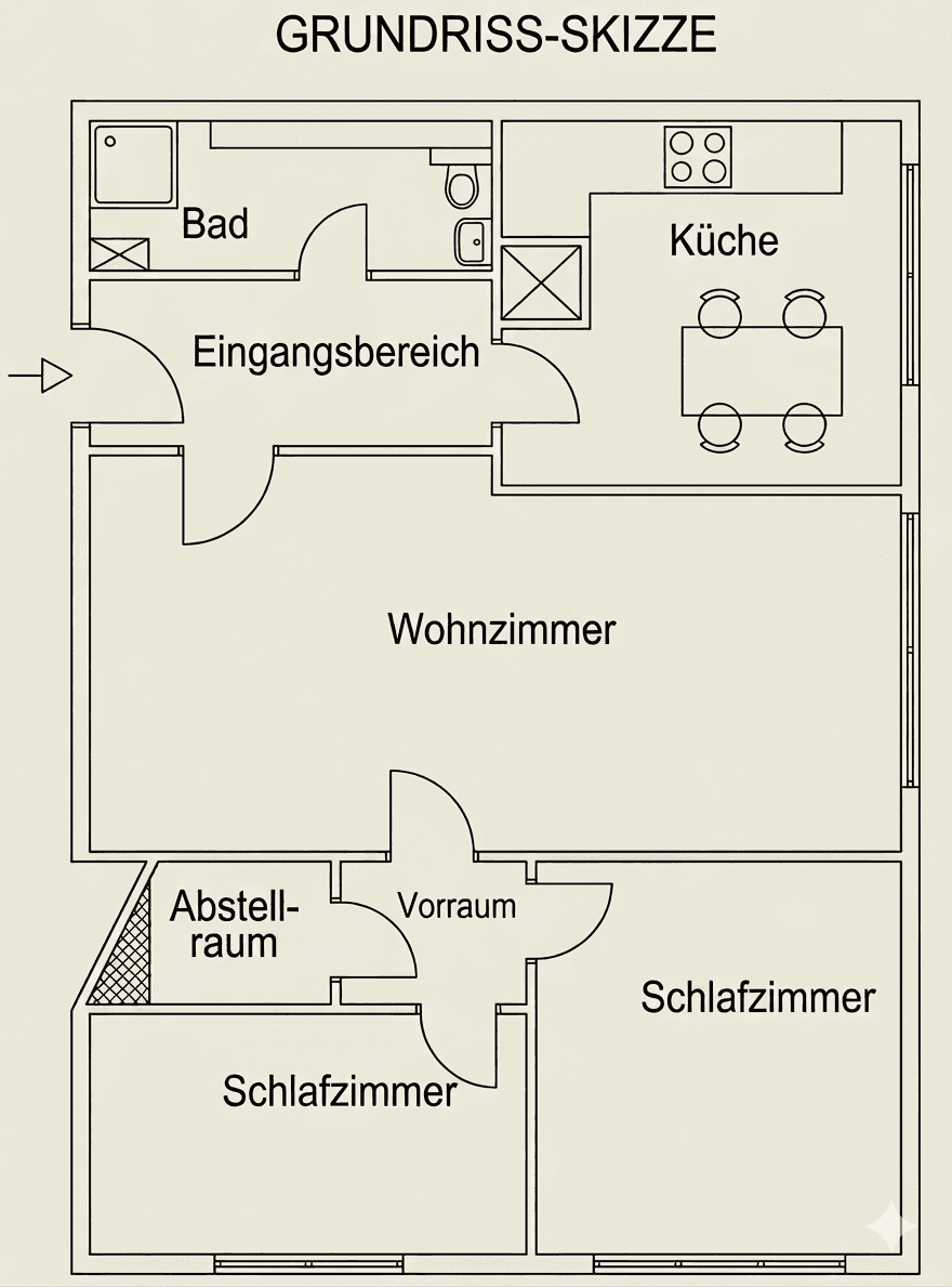 Grundriss-Skizze einer Wohnung mit Wohnzimmer, zwei Schlafzimmern und separater Küche.