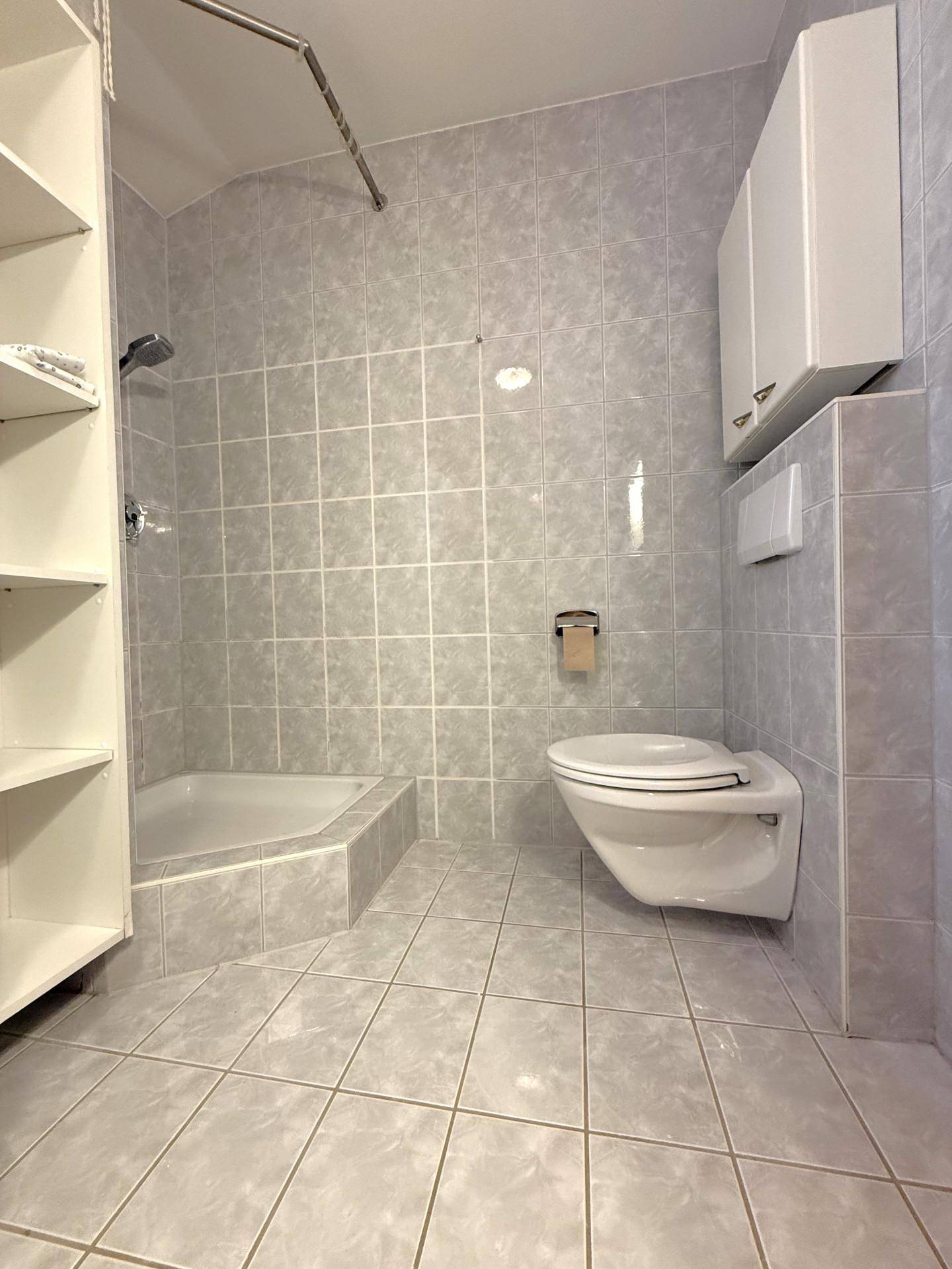 Modernes Badezimmer mit hellgrauen Fliesen, einer Duschkabine und einem wandhängenden WC.