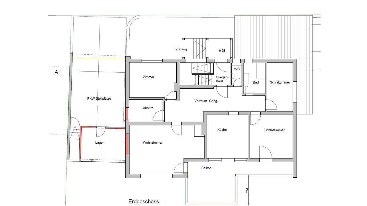 Grundriss des Erdgeschosses mit Wohnzimmer, Küche, Schlafzimmer, Bad, WC und Balkon.