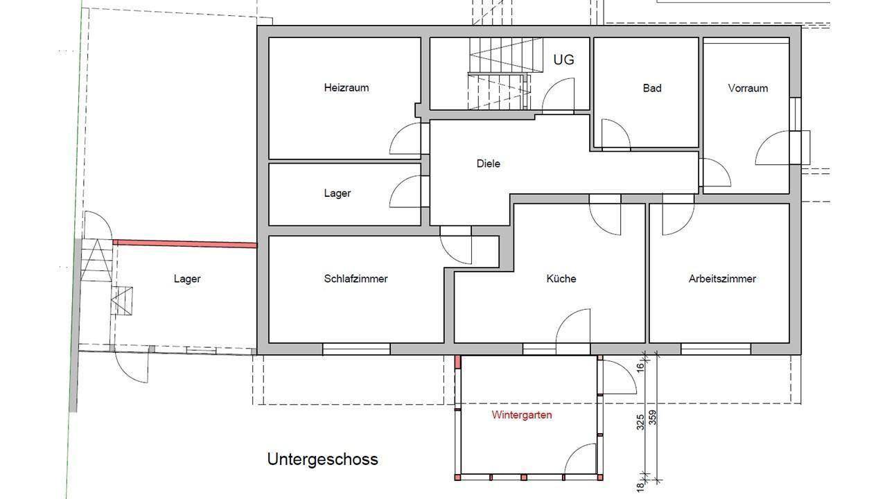 Grundriss des Untergeschosses mit Heizraum, Schlafzimmer, Küche, Bad und Wintergarten.