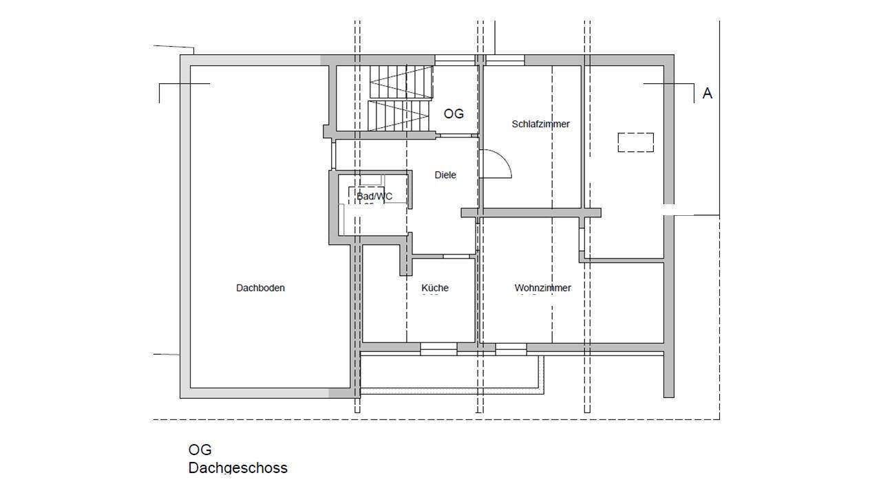 Grundriss des Dachgeschosses mit Schlafzimmer, Küche, Wohnzimmer und Bad/WC.
