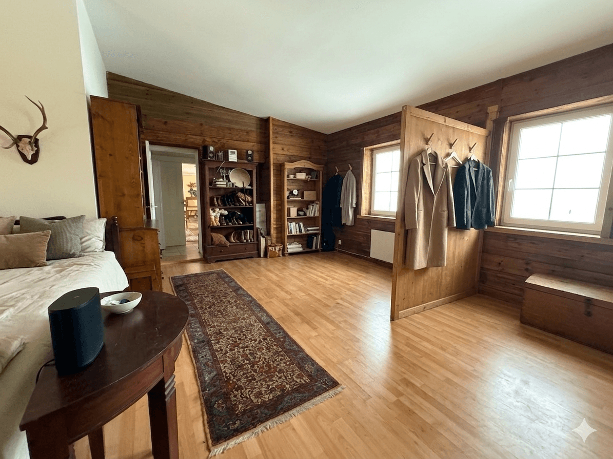 Rustikales Schlafzimmer mit Holzwänden, Holzboden und traditioneller Dekoration.
