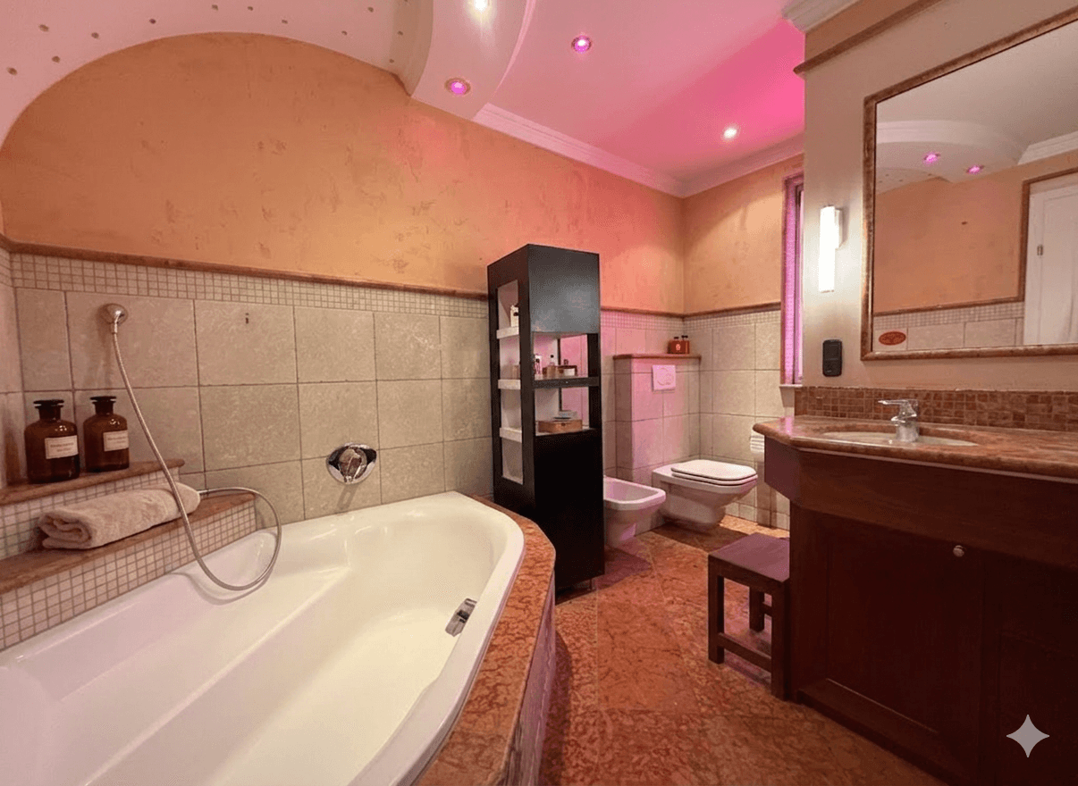 Geräumiges Badezimmer mit Badewanne, Bidet und Waschtisch, beleuchtet mit farbigem Licht.