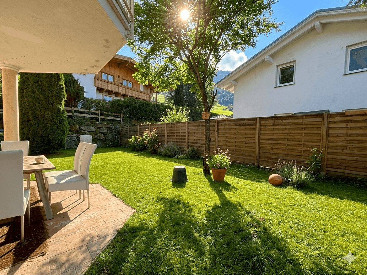 Sonnige Gartenterrasse mit Rasenfläche, Sitzgelegenheiten und Holzzaun.