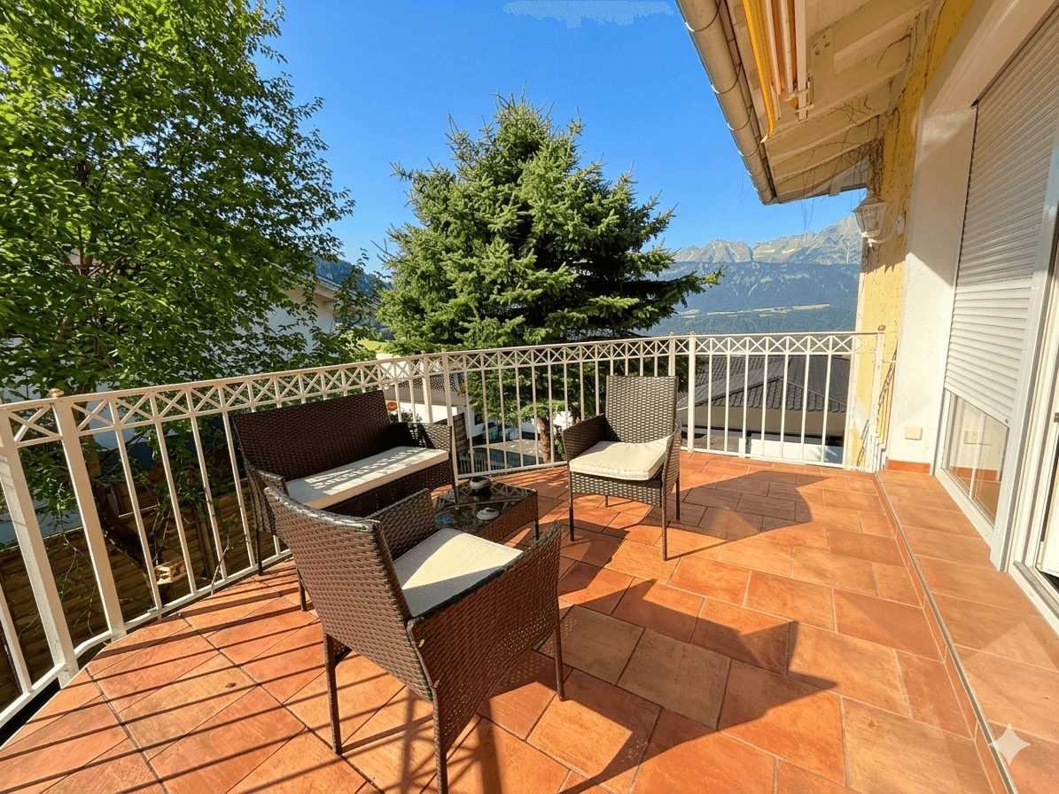 Sonniger Balkon mit Terrakotta-Fliesen, Sitzmöbeln und Bergblick.