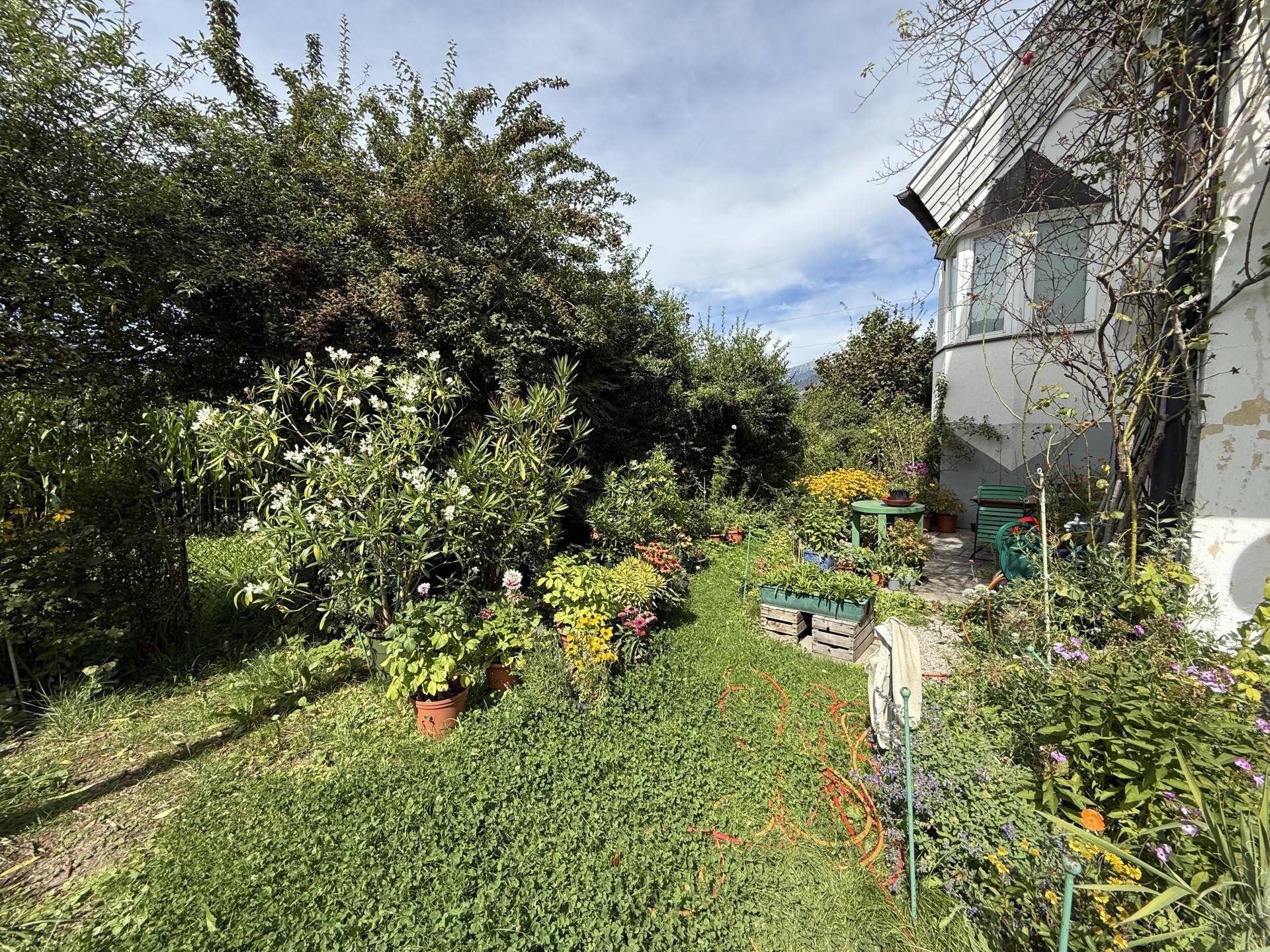 Üppiger, blühender Gartenbereich mit verschiedenen Pflanzen und Sitzgelegenheiten.