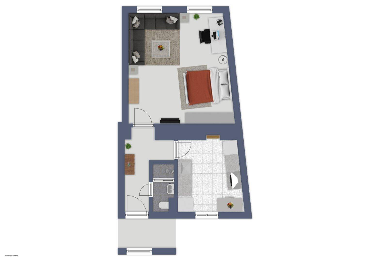 Grundriss einer Wohnung mit offenem Wohnbereich und Balkon.