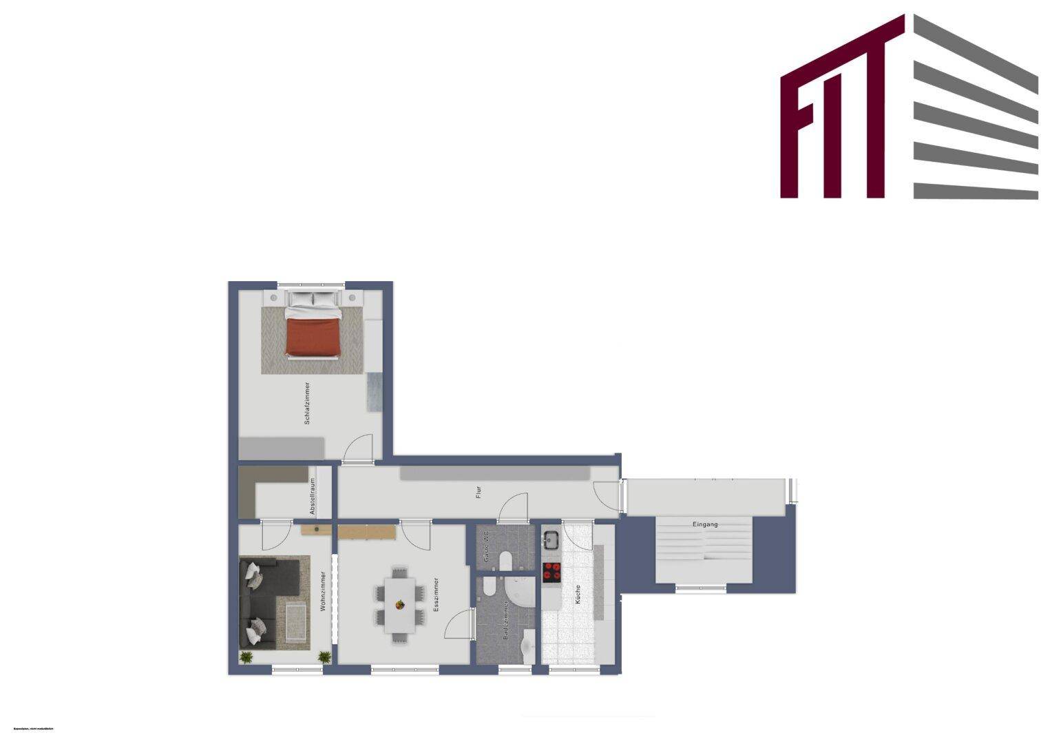 Grundriss einer Wohnung mit Schlafzimmer, offenem Wohnbereich und zwei Bädern.