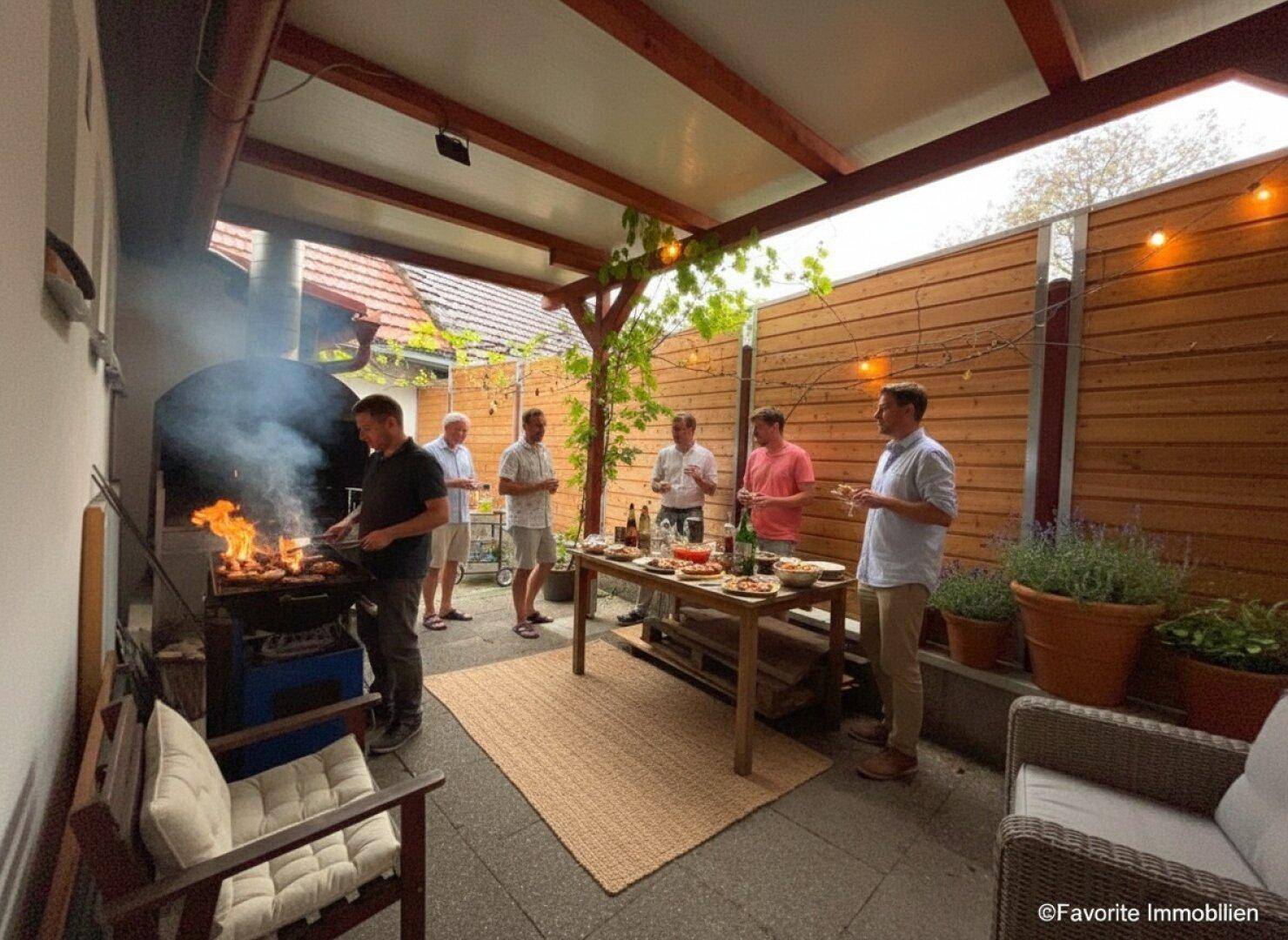 Geselliger Grillbereich im Freien mit Gästen, die am Feuer speisen und die überdachte Terrasse genießen.