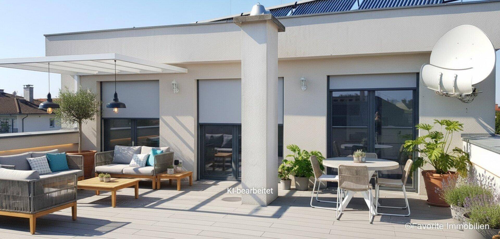 Geräumige Dachterrasse mit Essbereich, Lounge-Möbeln und Sonnenschutz an einem sonnigen Tag.