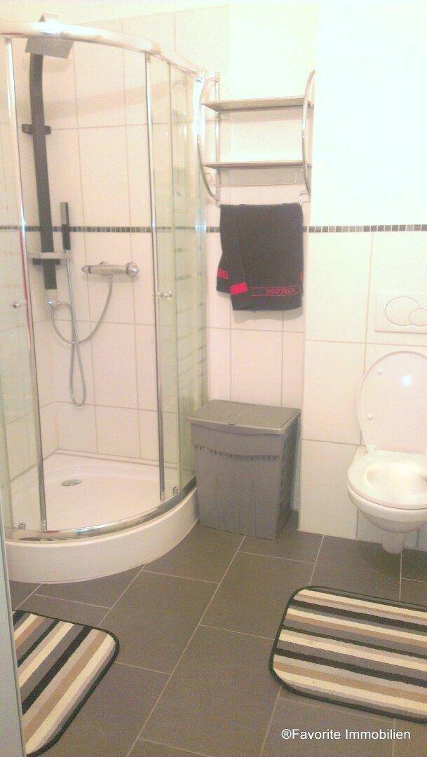 Badezimmer mit Duschkabine und WC, ausgestattet mit dunklen Bodenfliesen und hellen Wandfliesen.