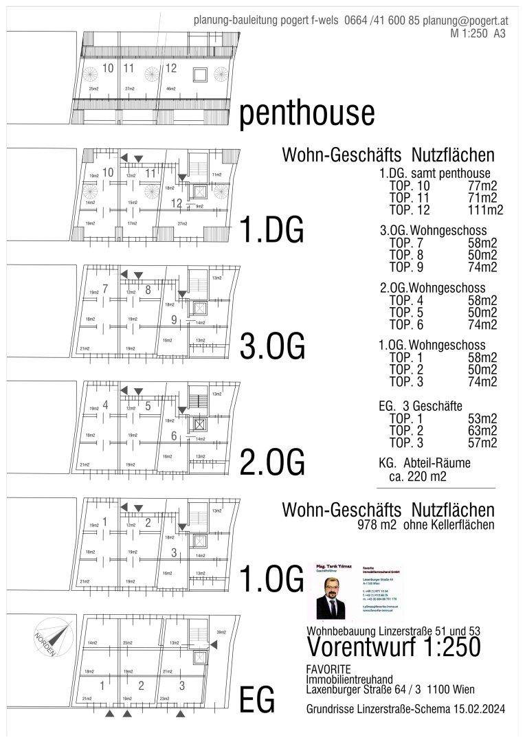 Übersicht der Grundrisse für verschiedene Etagen und Geschäftseinheiten des Gebäudes.