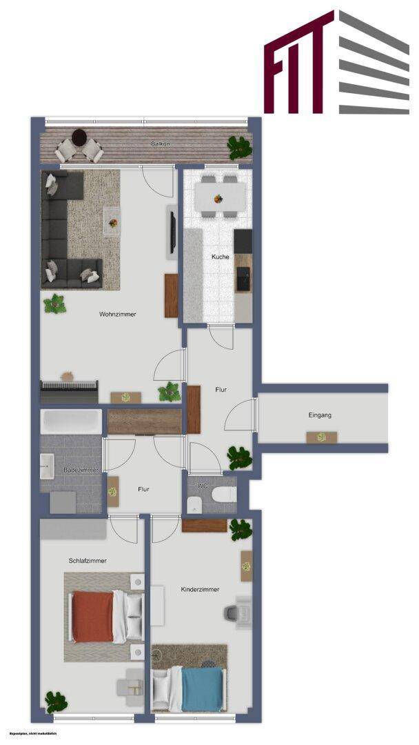 Detaillierter Grundriss der Wohnung mit Möblierung, zeigt Wohnzimmer, Küche und zwei Schlafzimmer.