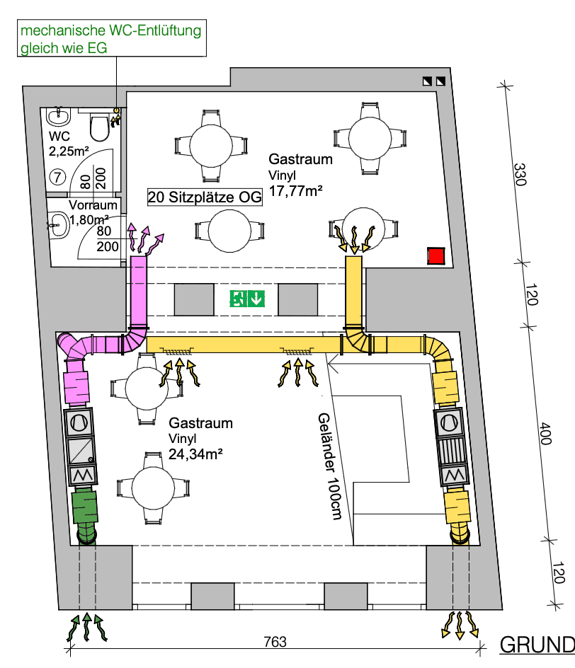 Grundrissplan zeigt zwei Gasträume mit Sitzplätzen, WC und Lüftungssystemen.