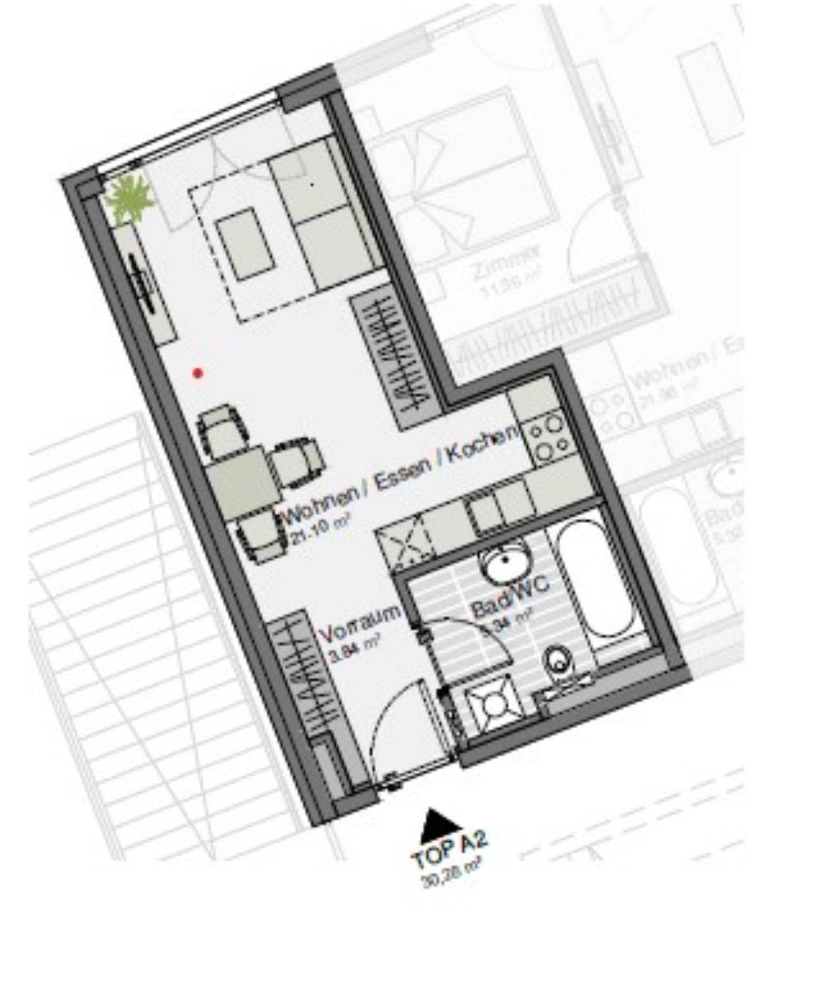 Grundriss einer kleinen Wohnung mit offenem Wohn-/Ess-/Kochbereich, Bad und separatem Zimmer.