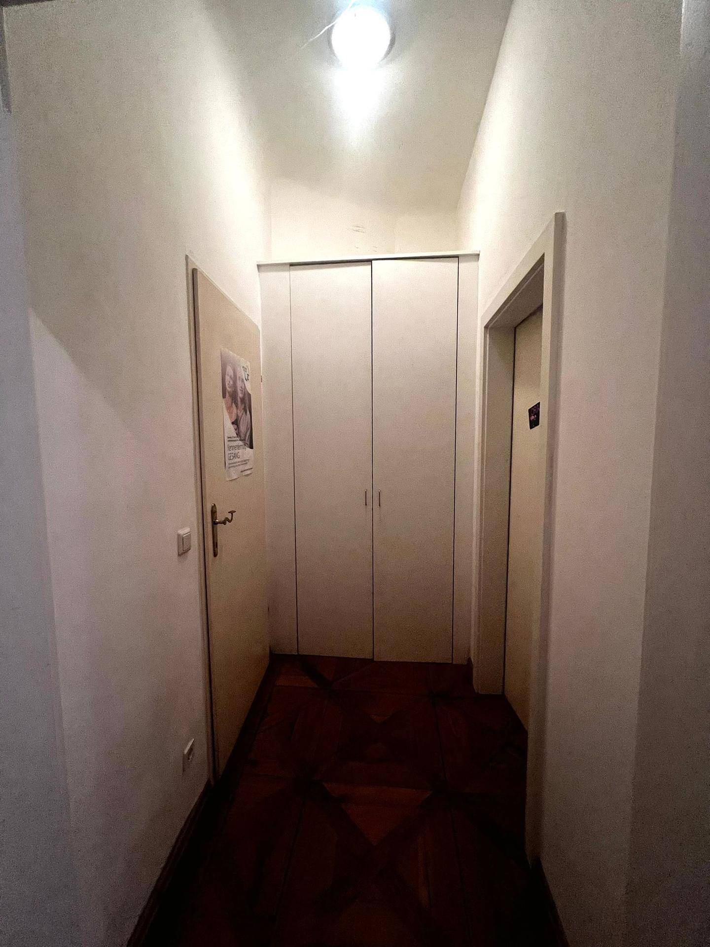Schmaler Flur mit dunklem Parkettboden und integrierten weißen Schränken.
