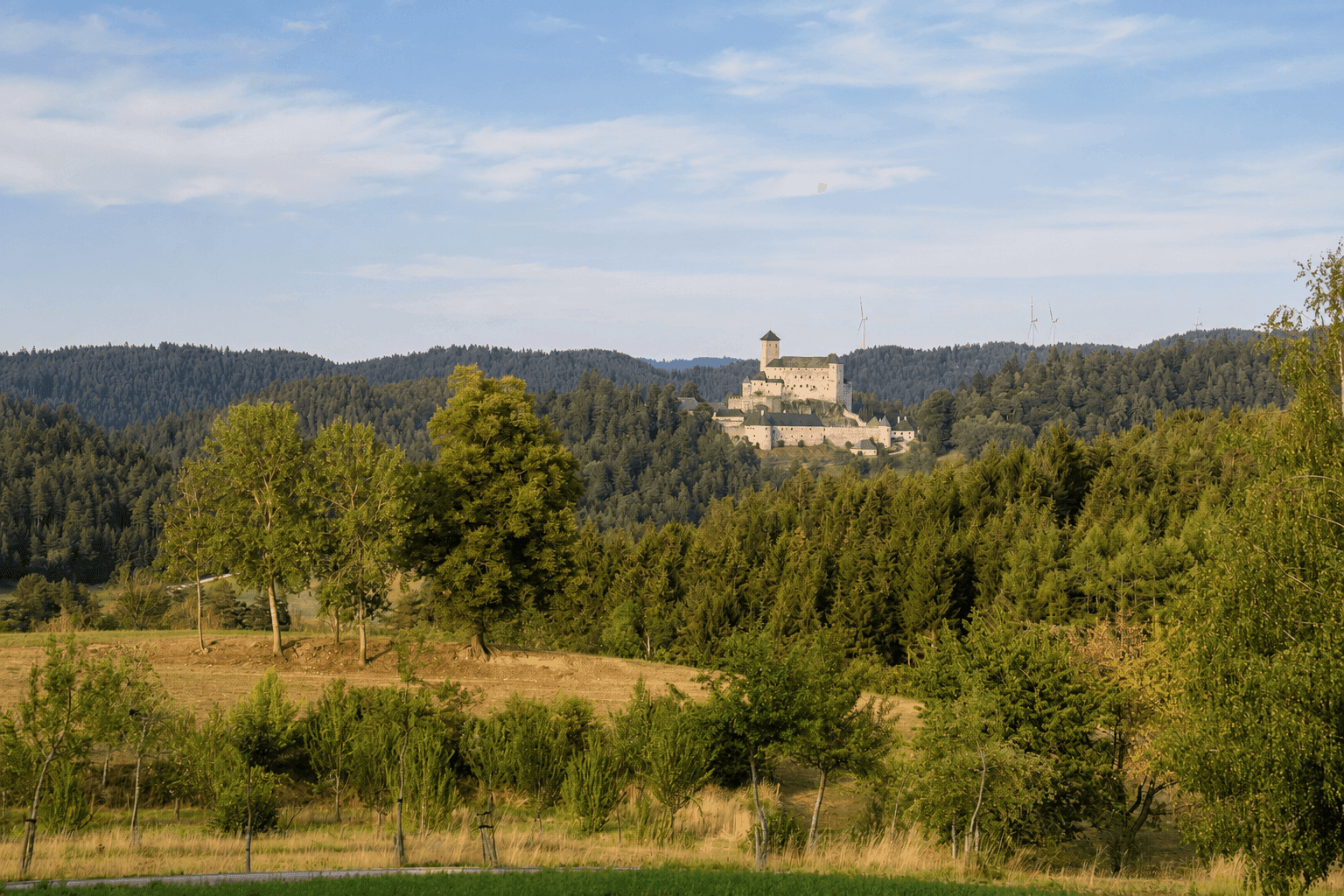 Malerische Landschaft mit grünen Hügeln, Wäldern und einer historischen Burg in der Ferne.