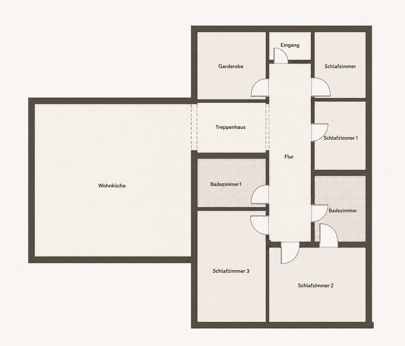 Grundriss mit Wohnküche, drei Schlafzimmern, zwei Badezimmern und Flur.