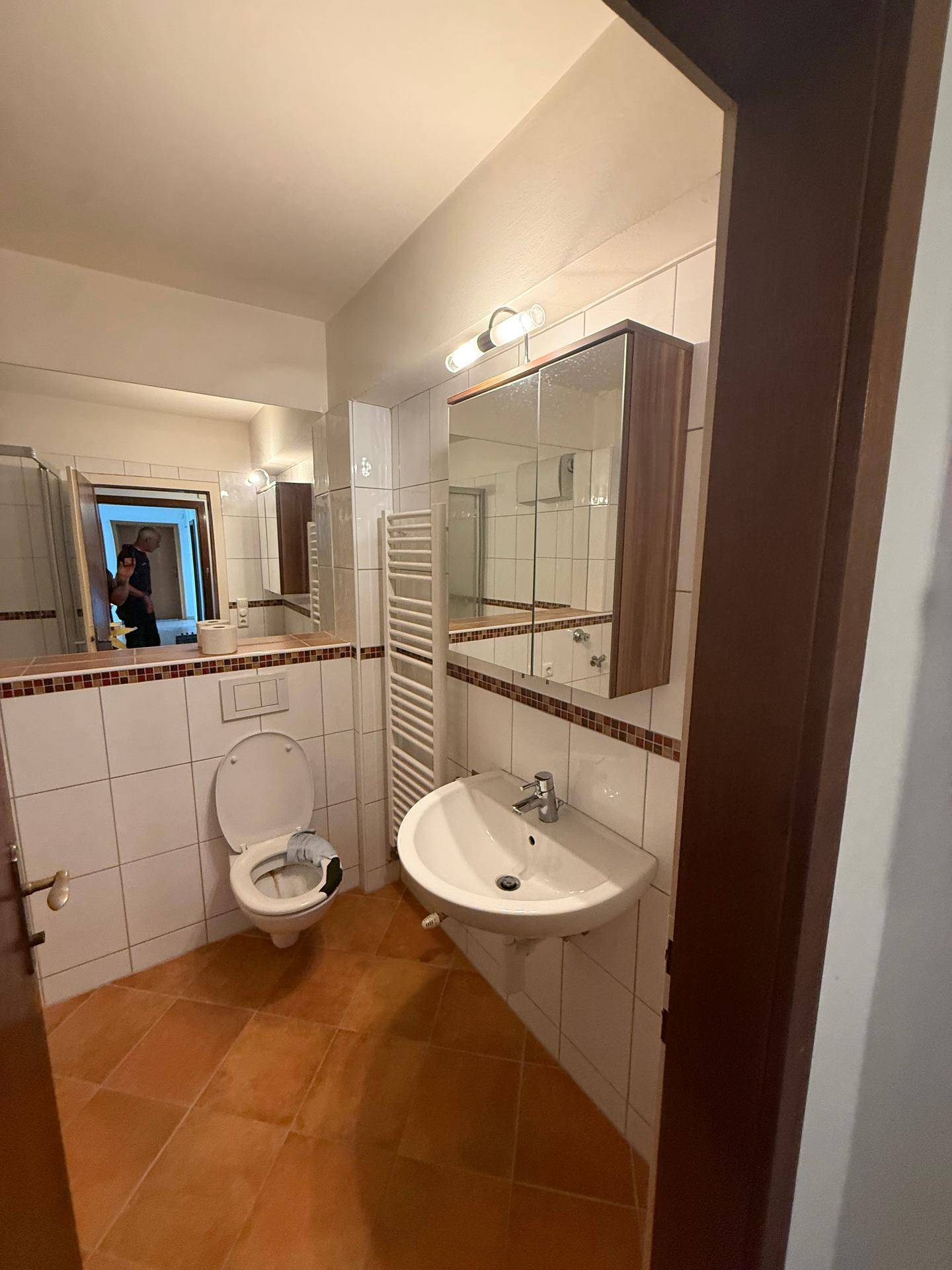 Badezimmer mit weißen Fliesen, Terrakotta-Bodenfliesen, WC, Waschbecken und Spiegelschrank.