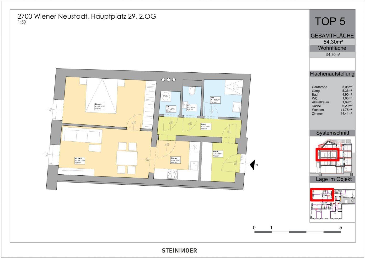 Grundriss der Wohnung TOP 5 mit einer Wohnfläche von 54,30m² und detaillierter Raumaufteilung.