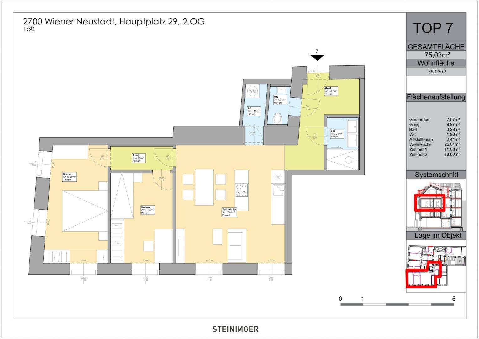Grundriss der Wohnung Top 7 mit 75,03m² Gesamtfläche und offener Raumaufteilung inklusive Balkon.