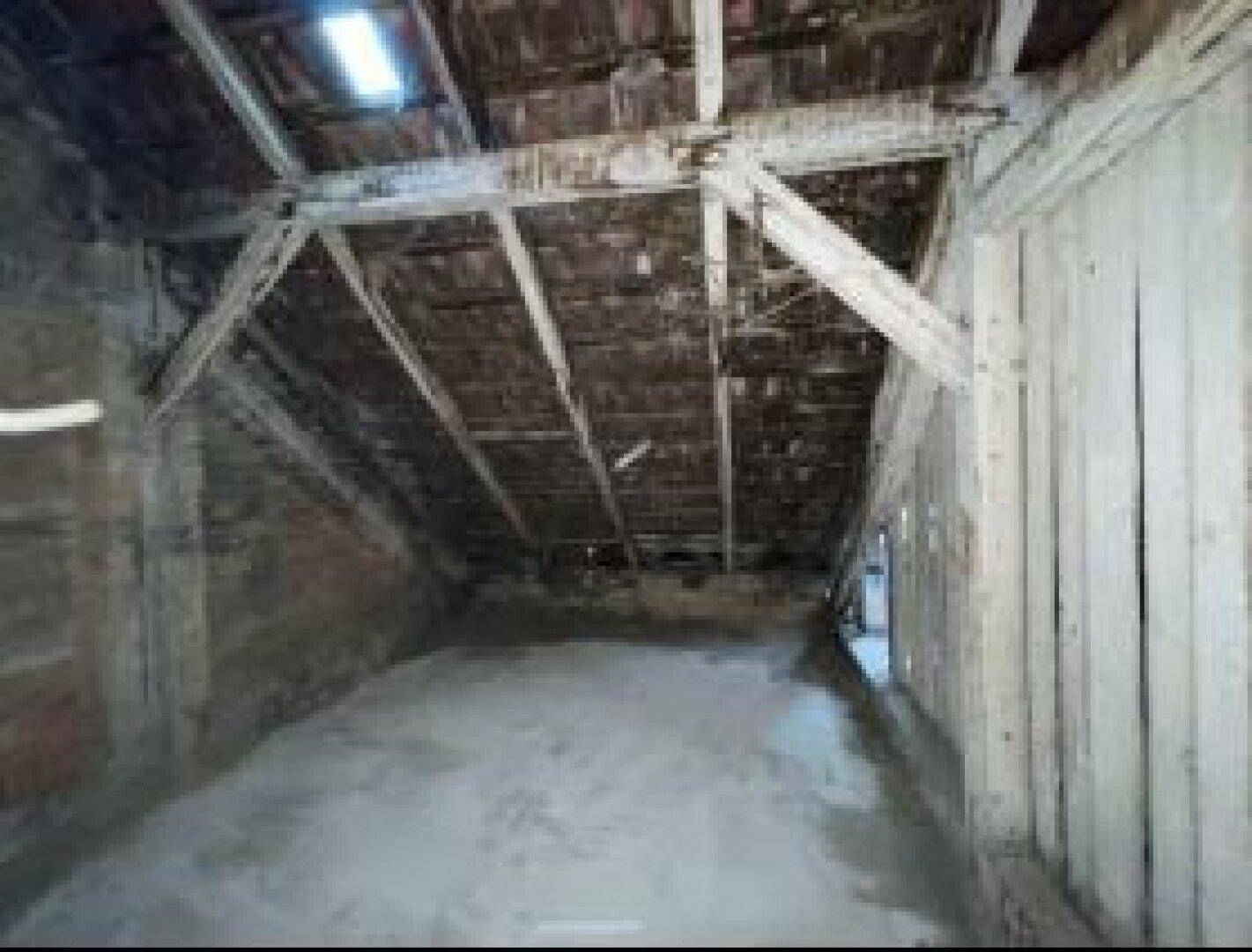 Geräumiger, unfertiger Dachboden mit sichtbaren Holzbalken und Dachfenster, bereit für Ausbau.