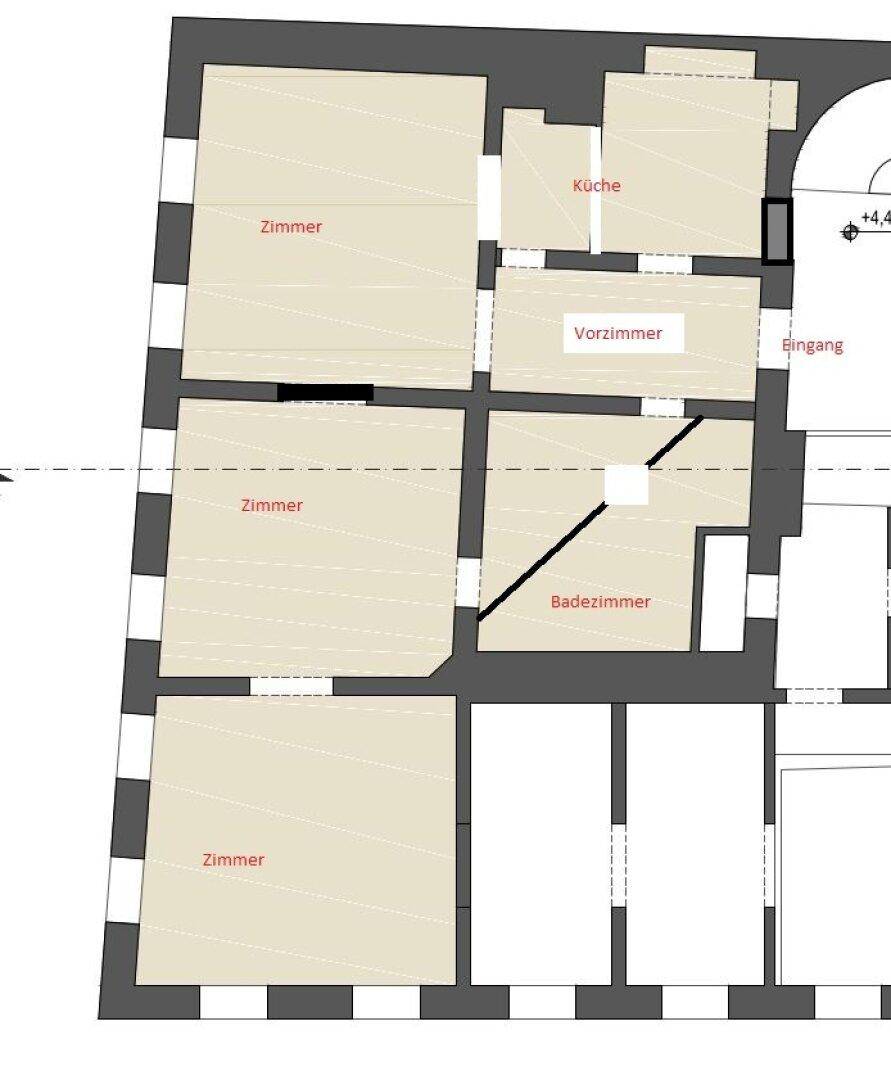 Grundriss der Wohnung mit mehreren Zimmern, Küche, Vorzimmer und Badezimmer.