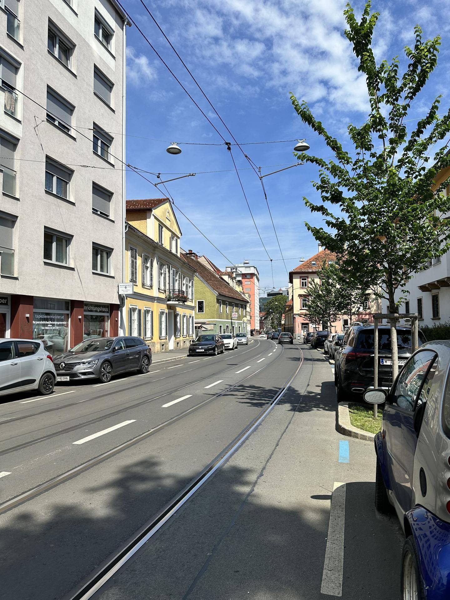 Blick auf eine städtische Straße mit Gebäuden, parkenden Autos und Bäumen an einem sonnigen Tag.