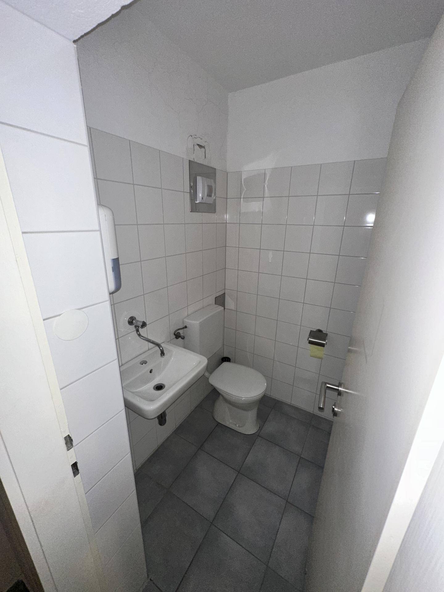 Heller Toilettenraum mit weißen Wandfliesen, kleinem Waschbecken und WC, gut beleuchtet.